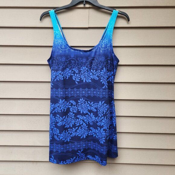Islander Plus Blue Floral Print Swim Dress Swimsuit Beachwear Modest - Picture 2 of 10